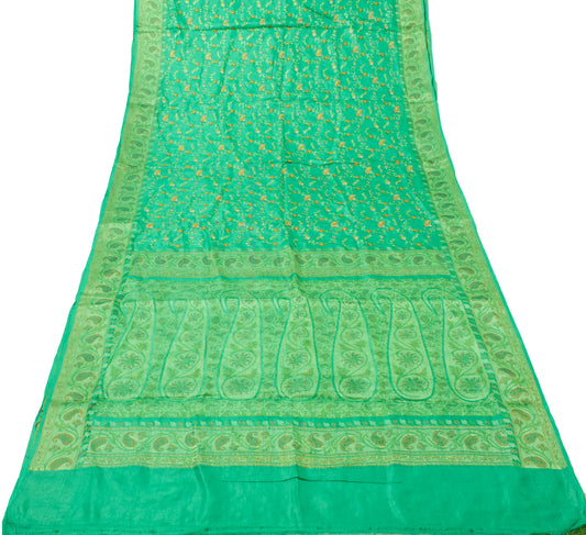 Sushila Vintage Green Sari Pure Silk Embroidered & Woven Floral Sari 5 YD Fabric