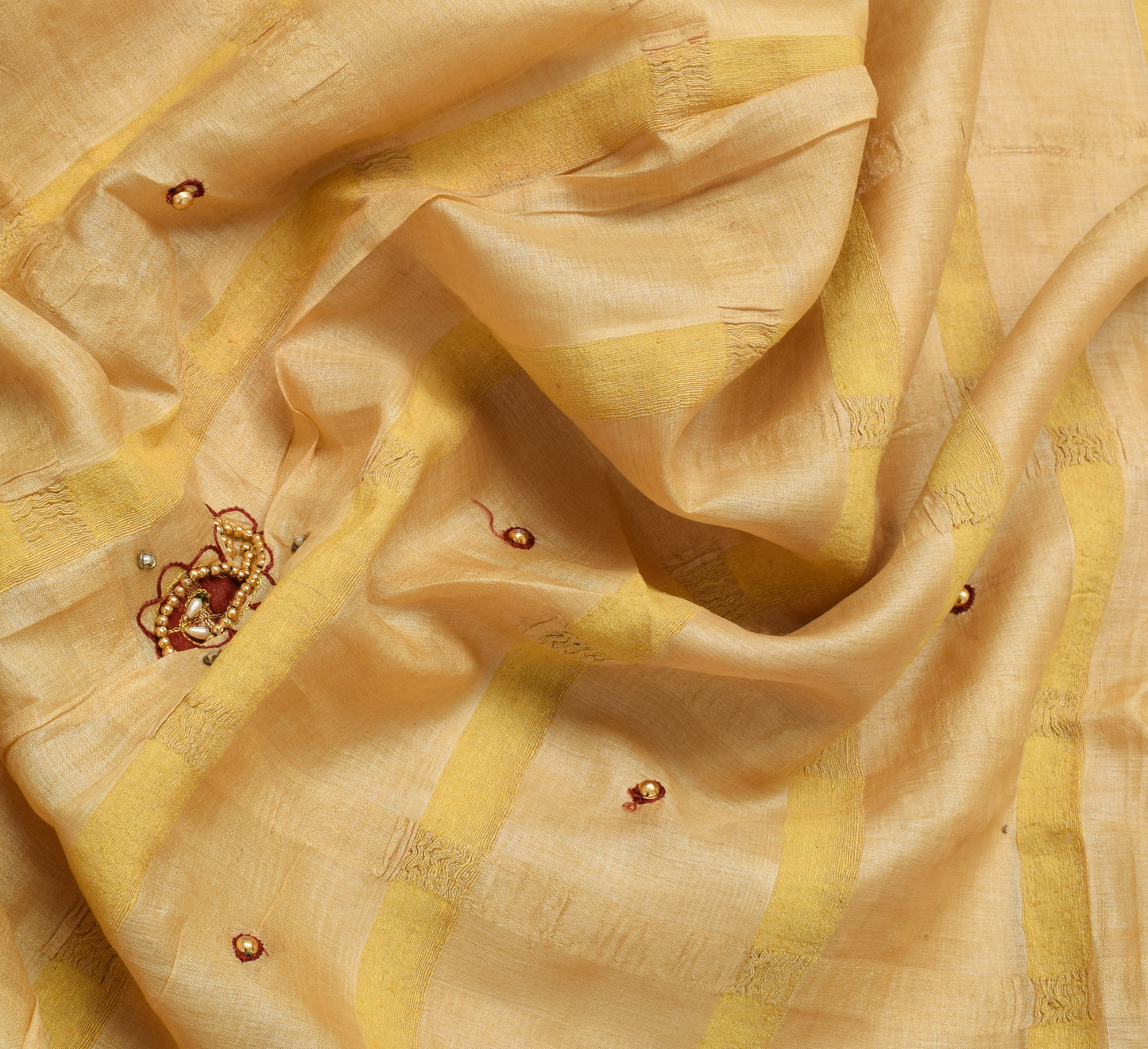 Sushila Vintage Cream Saree Pure Silk Woven Embroidered Indian Sari Decor Fabric
