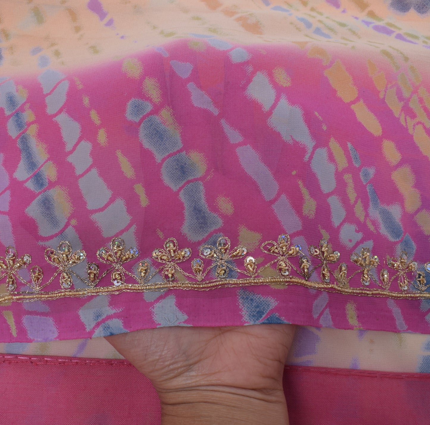 Sushila Vintage Multi-Color Saree Blend Georgette Silk Hand Beaded Sari Fabric