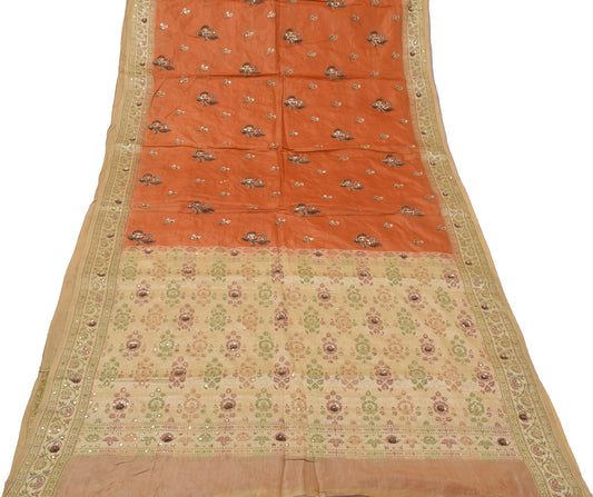 Sushila Vintage Rust Saree 100% Pure Silk Woven & Hand Beaded Floral Sari Fabric