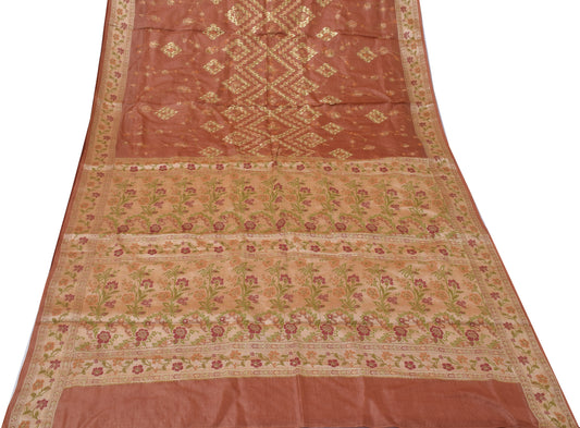 Sushila Vintage Brown Saree Pure Silk Embroidered & Woven Floral Sari Fabric