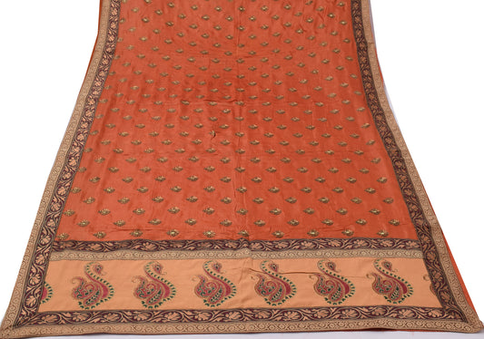 Sushila Vintage Rust Saree 100% Pure Silk Embroidered Floral Sari Decor Fabric