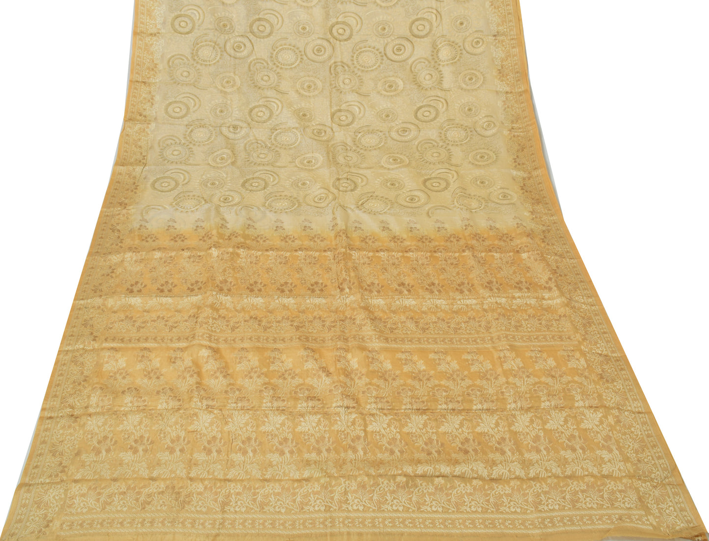 Sushila Vintage Cream Saree Pure Silk Embroidered & Woven Floral Sari Fabric