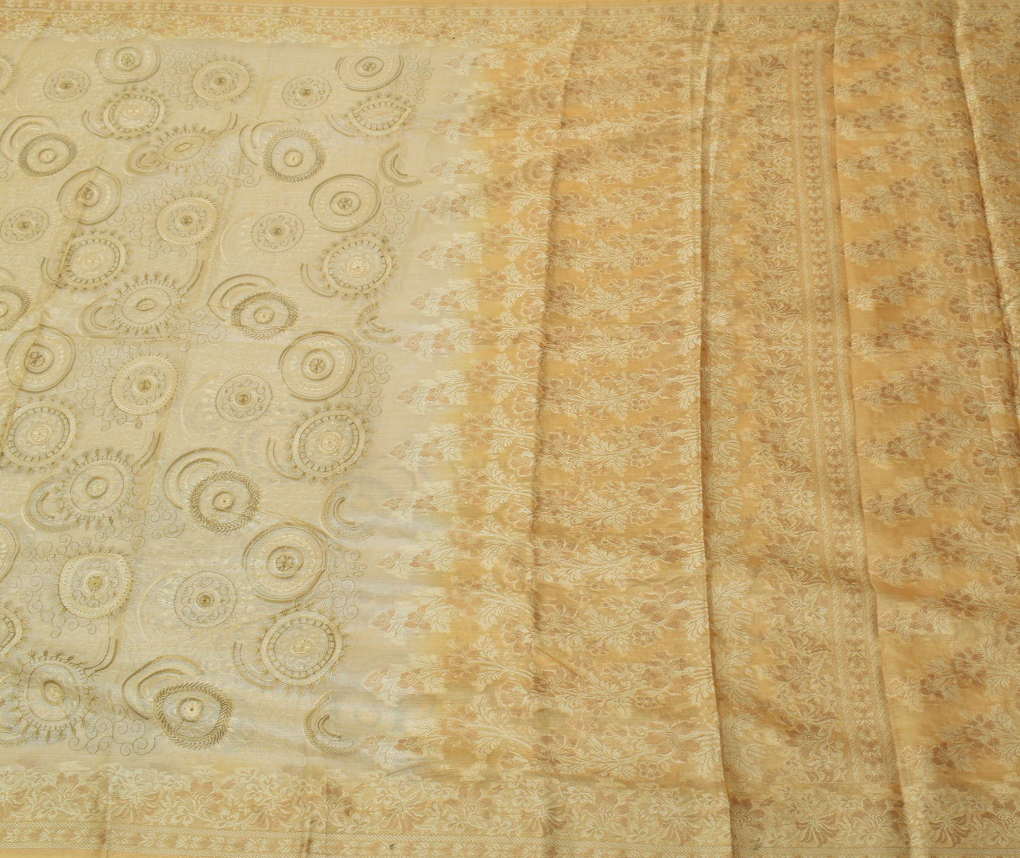 Sushila Vintage Cream Saree Pure Silk Embroidered & Woven Floral Sari Fabric