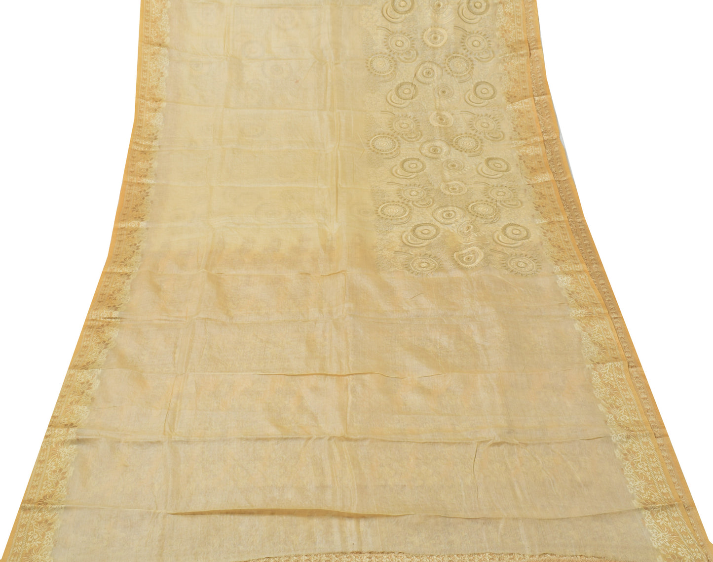 Sushila Vintage Cream Saree Pure Silk Embroidered & Woven Floral Sari Fabric