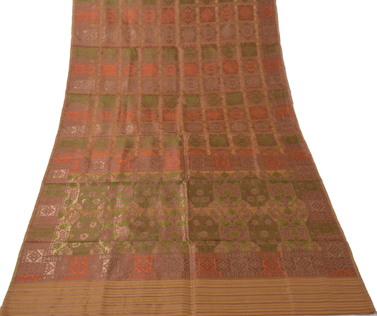 Sushila Vintage Brown Indian Sari Pure Silk Woven Abstract Sari 5 Yard Fabric