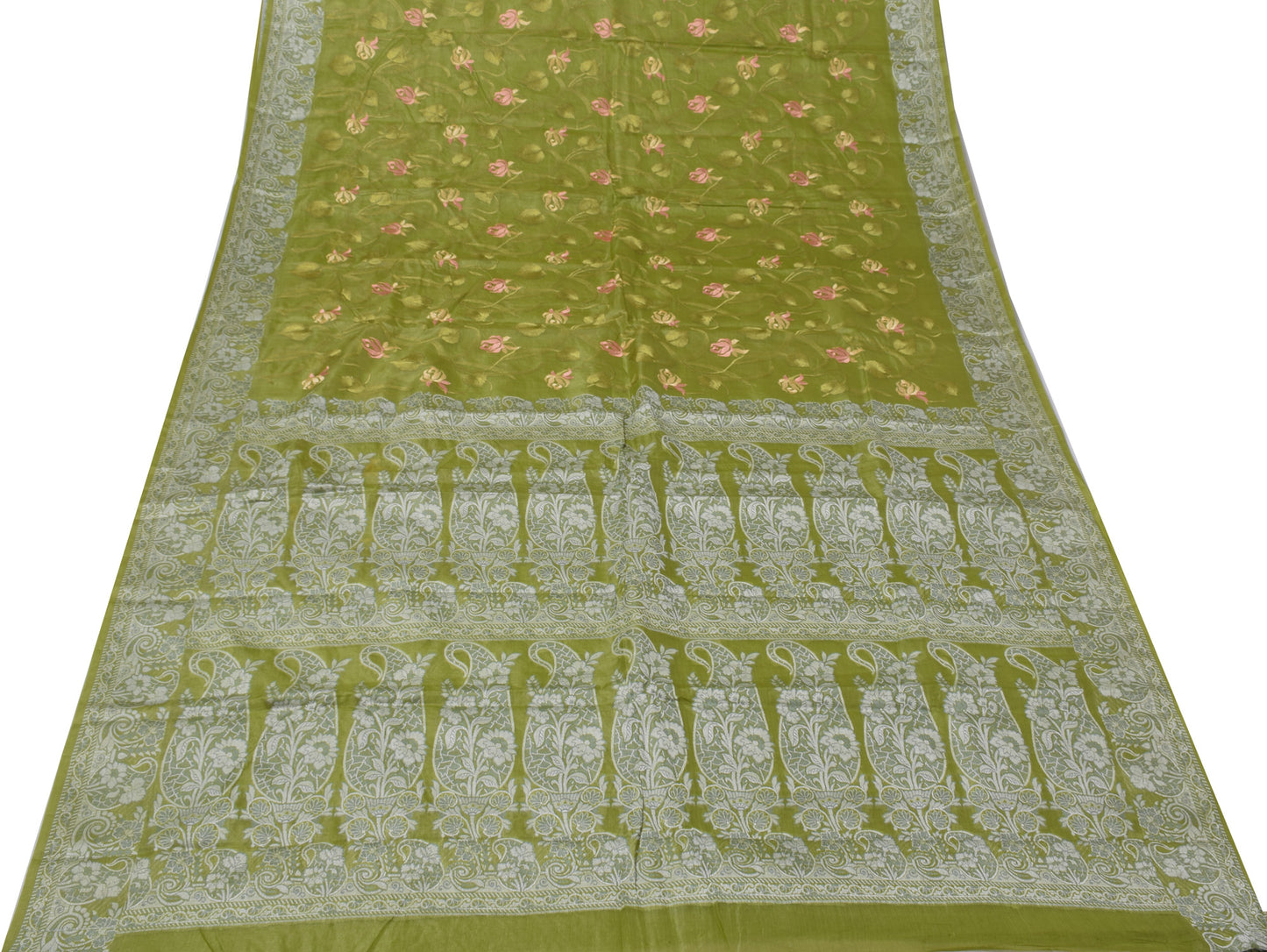 Sushila Vintage Green Sari 100% Pure Silk Woven & Embroidered Floral Sari Fabric