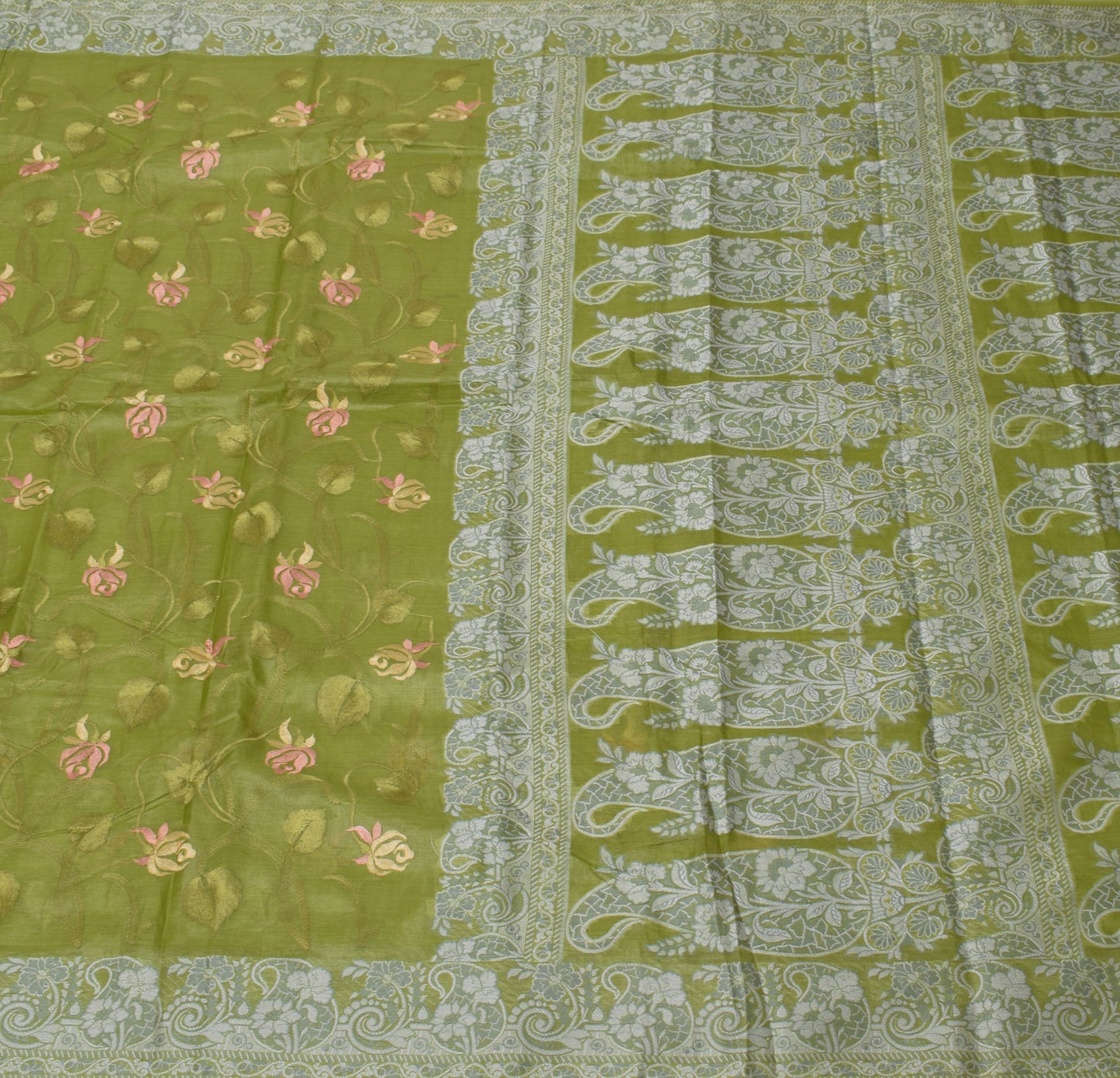 Sushila Vintage Green Sari 100% Pure Silk Woven & Embroidered Floral Sari Fabric