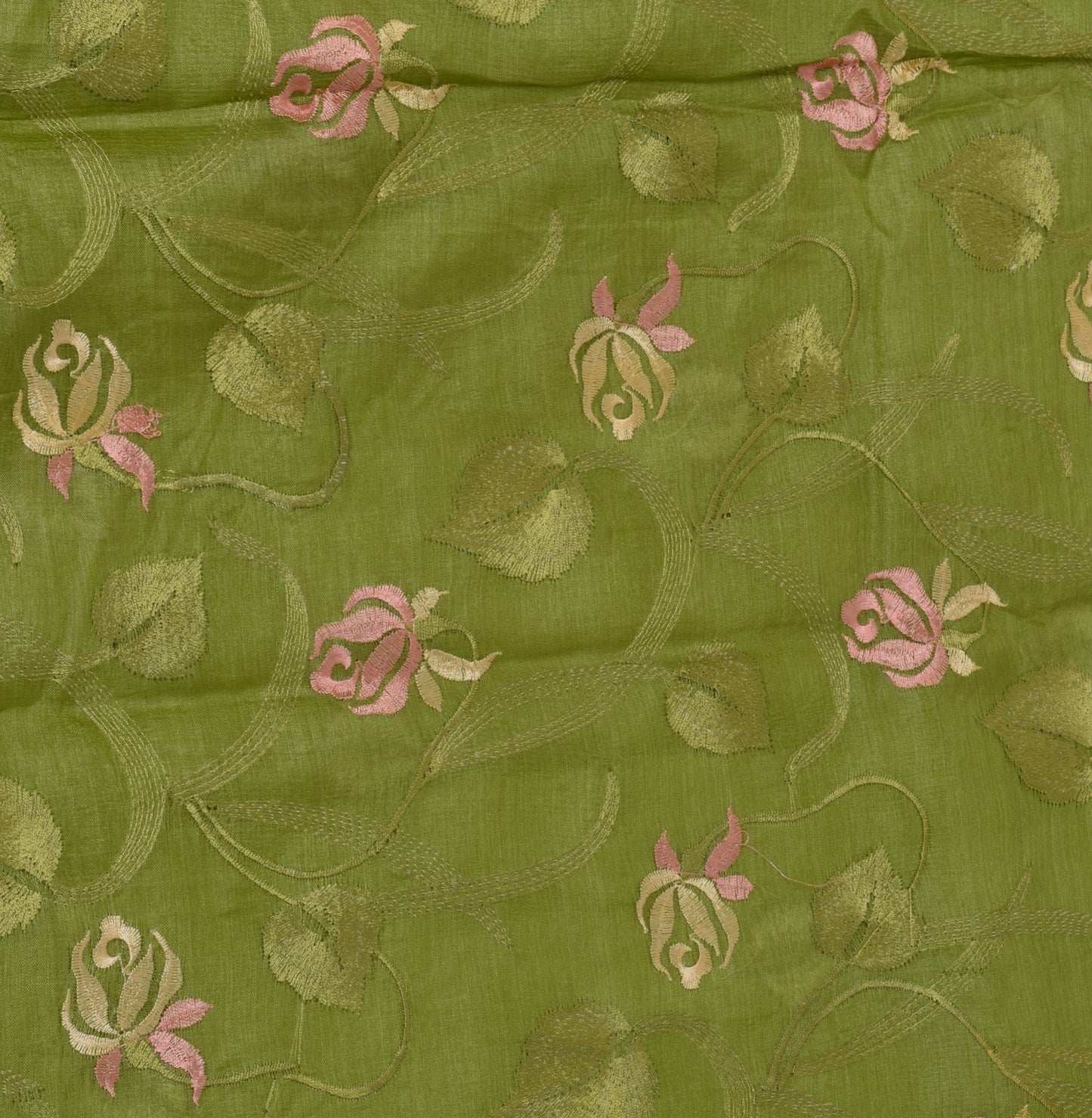 Sushila Vintage Green Sari 100% Pure Silk Woven & Embroidered Floral Sari Fabric