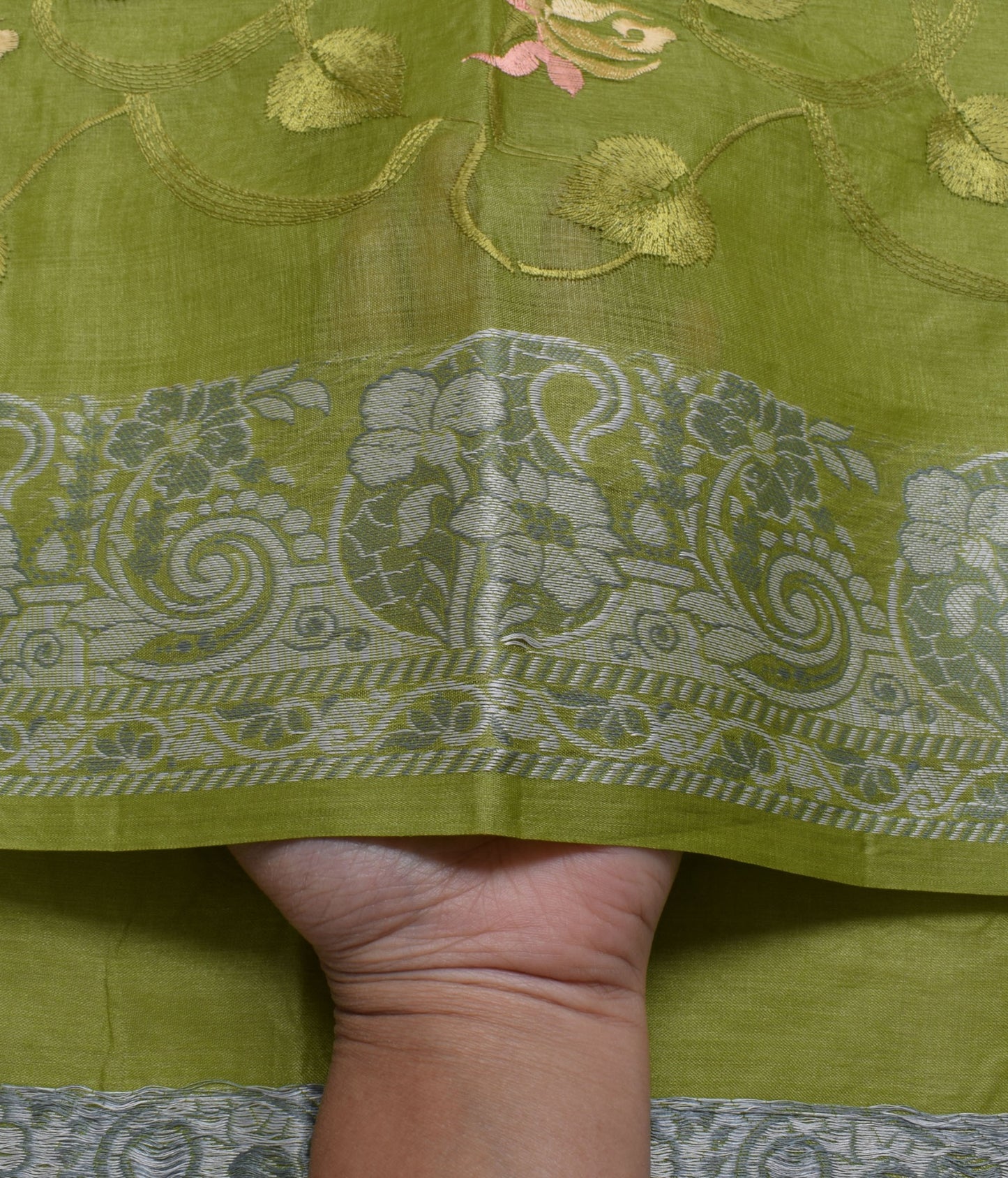 Sushila Vintage Green Sari 100% Pure Silk Woven & Embroidered Floral Sari Fabric