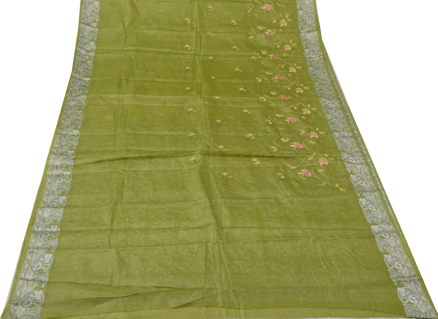 Sushila Vintage Green Sari 100% Pure Silk Woven & Embroidered Floral Sari Fabric