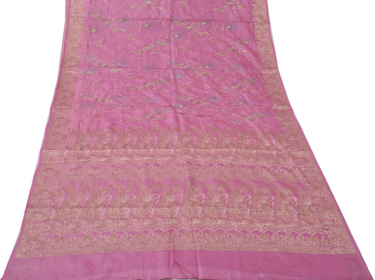 Sushila Vintage Pink Sari Pure Silk Woven & Embroidered Paisley Sari 5 YD Fabric