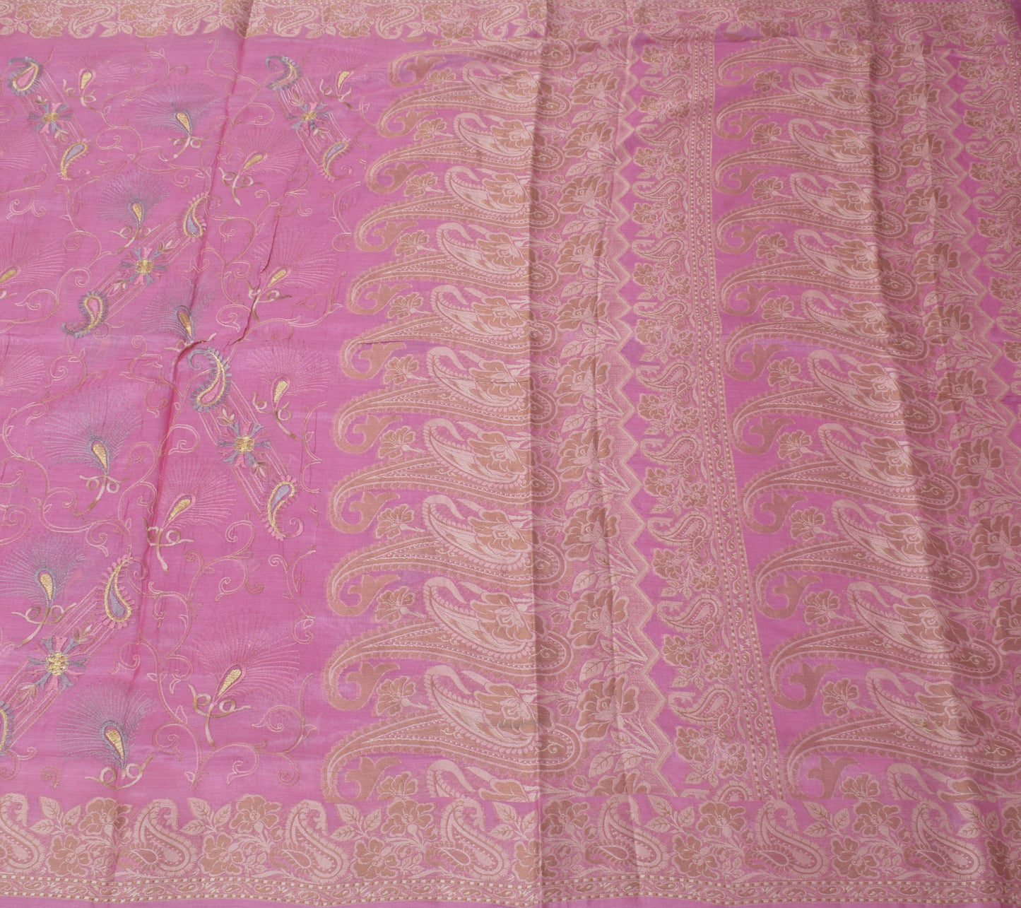 Sushila Vintage Pink Sari Pure Silk Woven & Embroidered Paisley Sari 5 YD Fabric