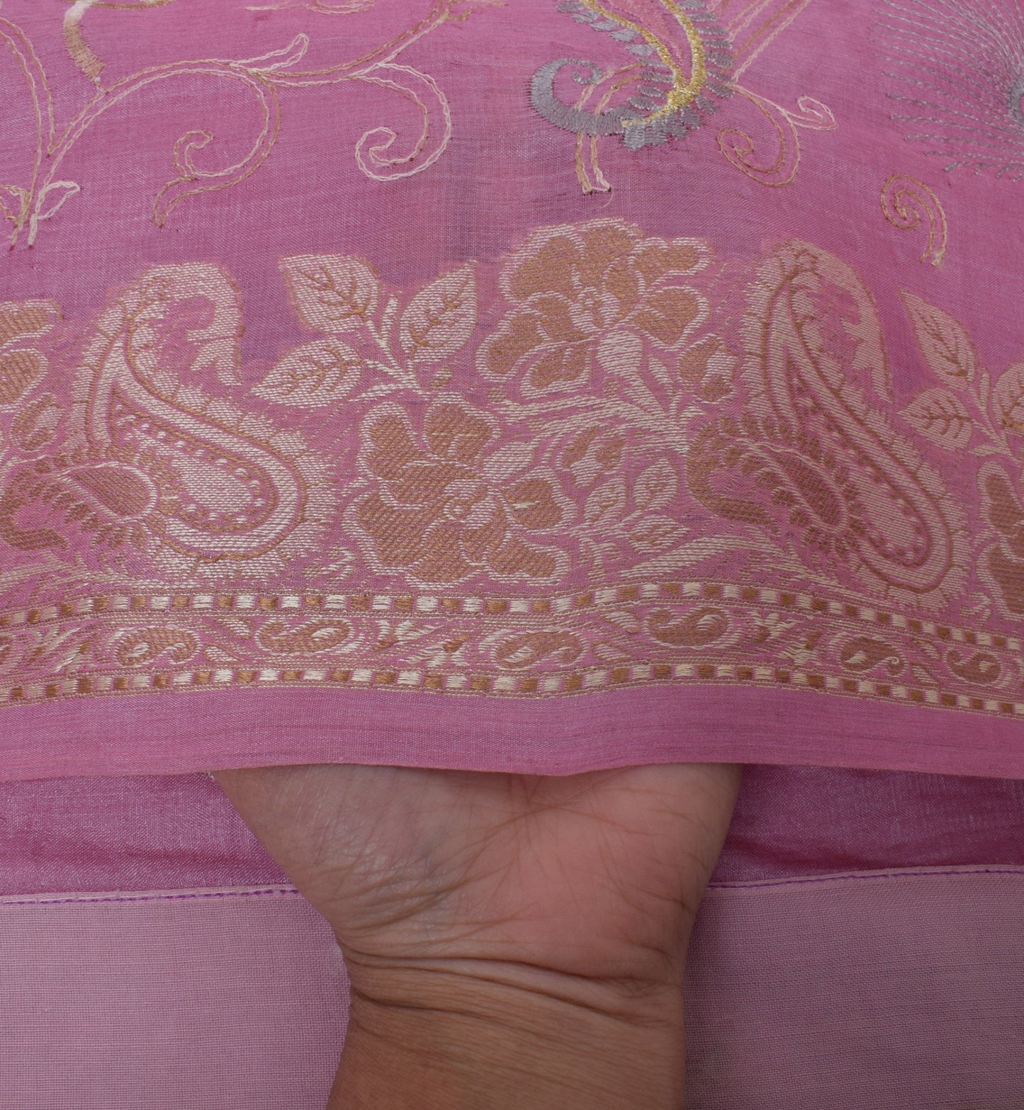 Sushila Vintage Pink Sari Pure Silk Woven & Embroidered Paisley Sari 5 YD Fabric