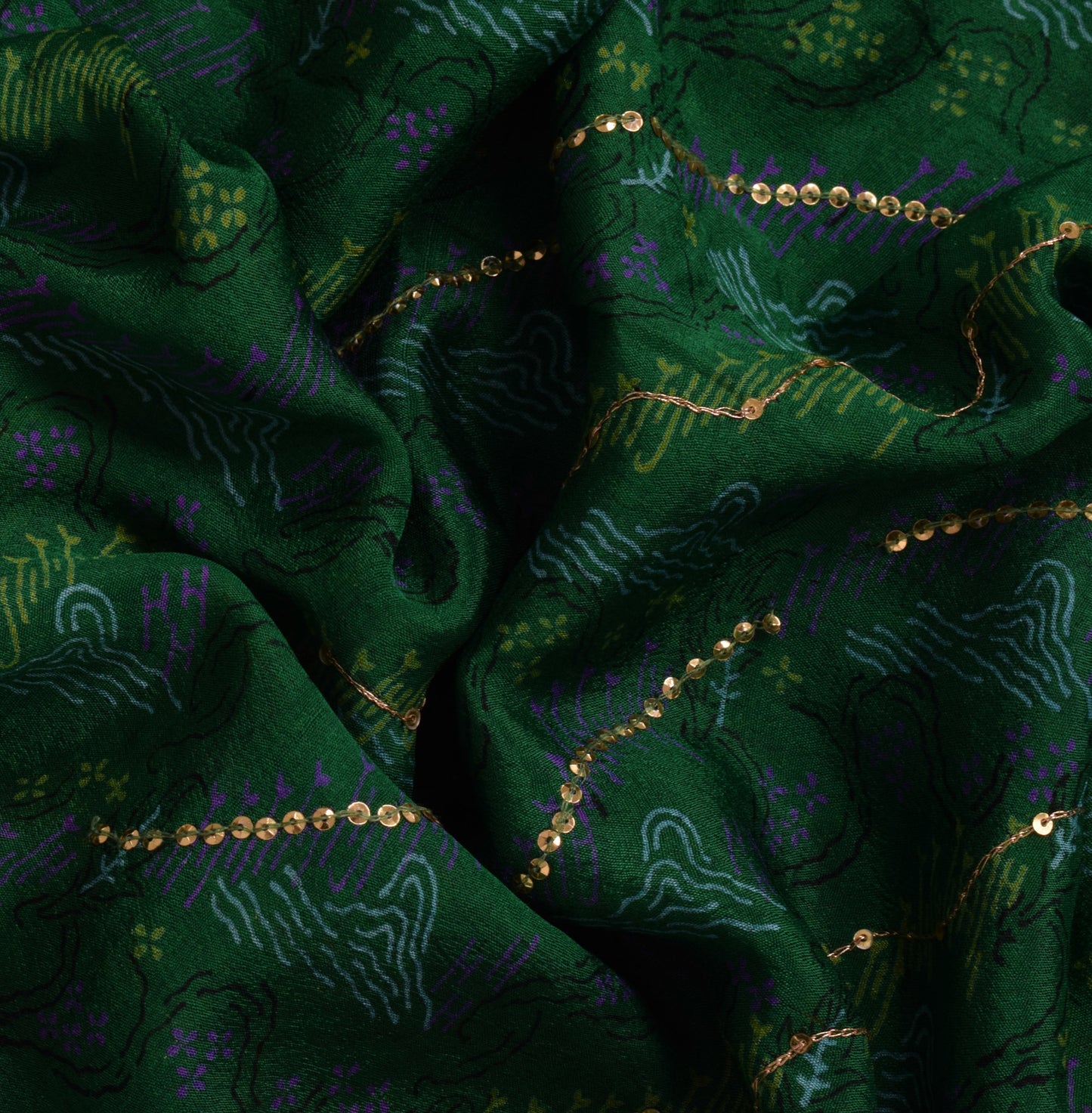 Sushila Vintage Green Saree Pure Silk Printed & Embroidered Floral Sari Fabric