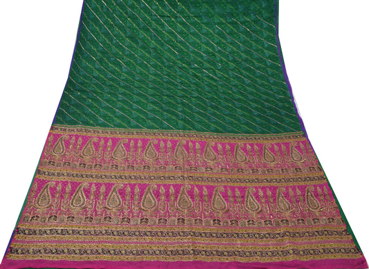 Sushila Vintage Green Saree Pure Silk Printed & Embroidered Floral Sari Fabric