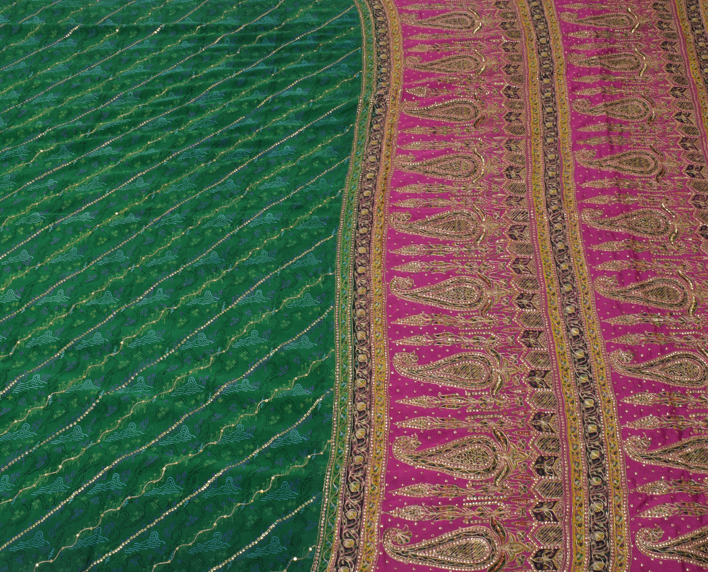 Sushila Vintage Green Saree Pure Silk Printed & Embroidered Floral Sari Fabric