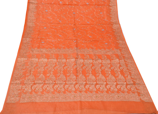 Sushila Vintage Orange Sari Pure Silk Woven & Embroidered Floral Sari 5YD Fabric