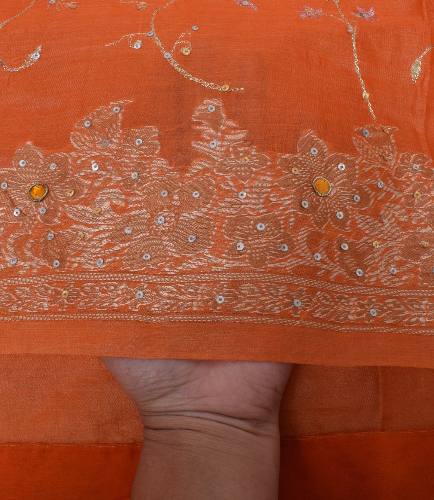 Sushila Vintage Orange Sari Pure Silk Woven & Embroidered Floral Sari 5YD Fabric