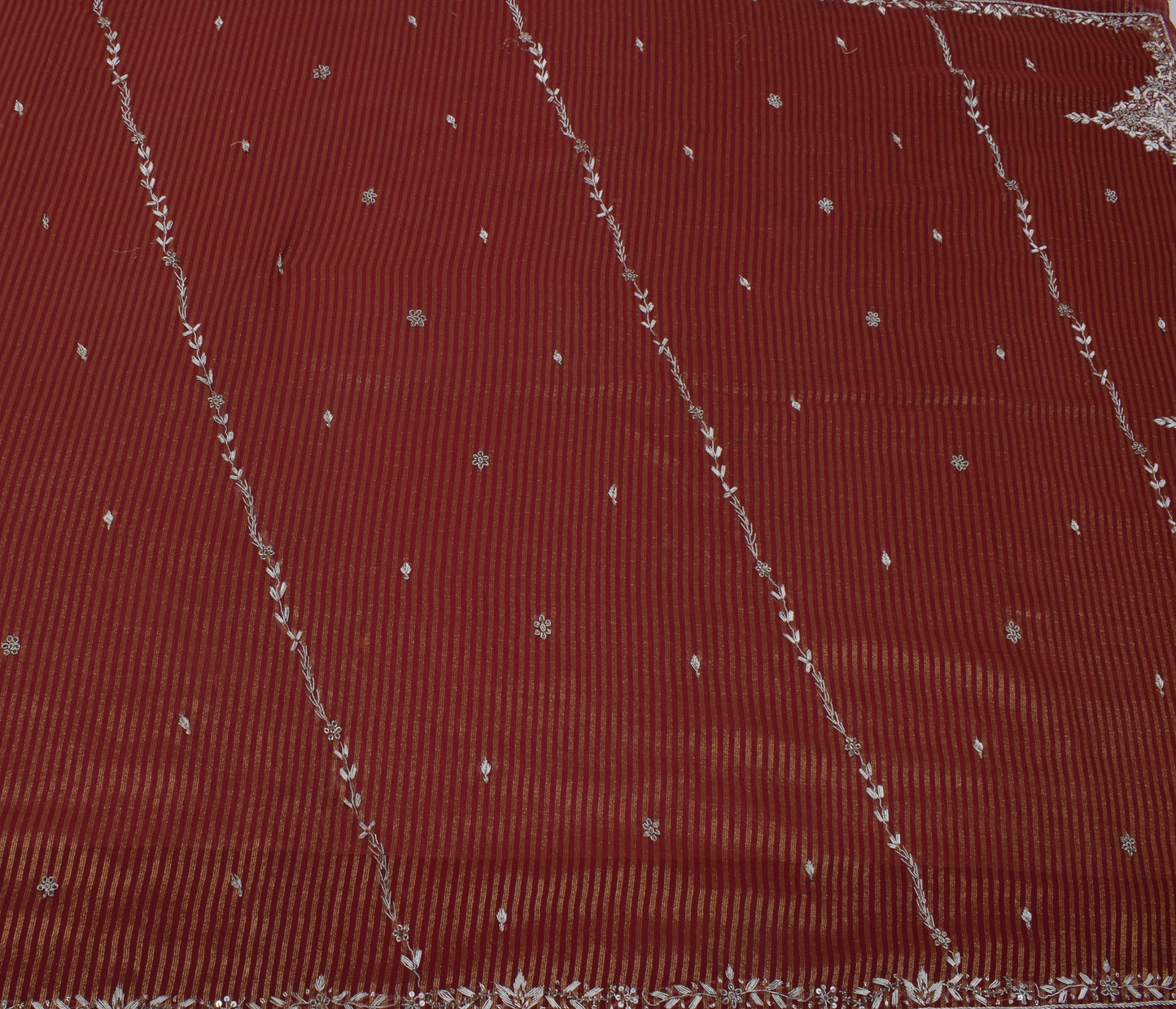 Sushila Vintage Maroon Saree Blend Silk Hand Beaded Woven Sari 5 Yard Fabric