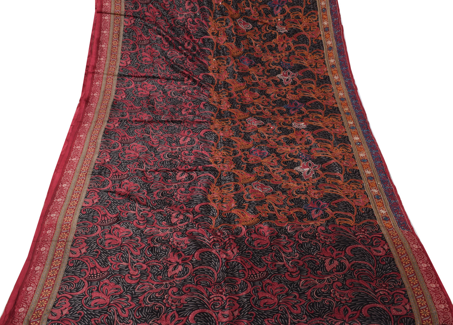 Sushila Vintage Black Saree 100% Pure Silk Printed & Embroidered Sari Fabric