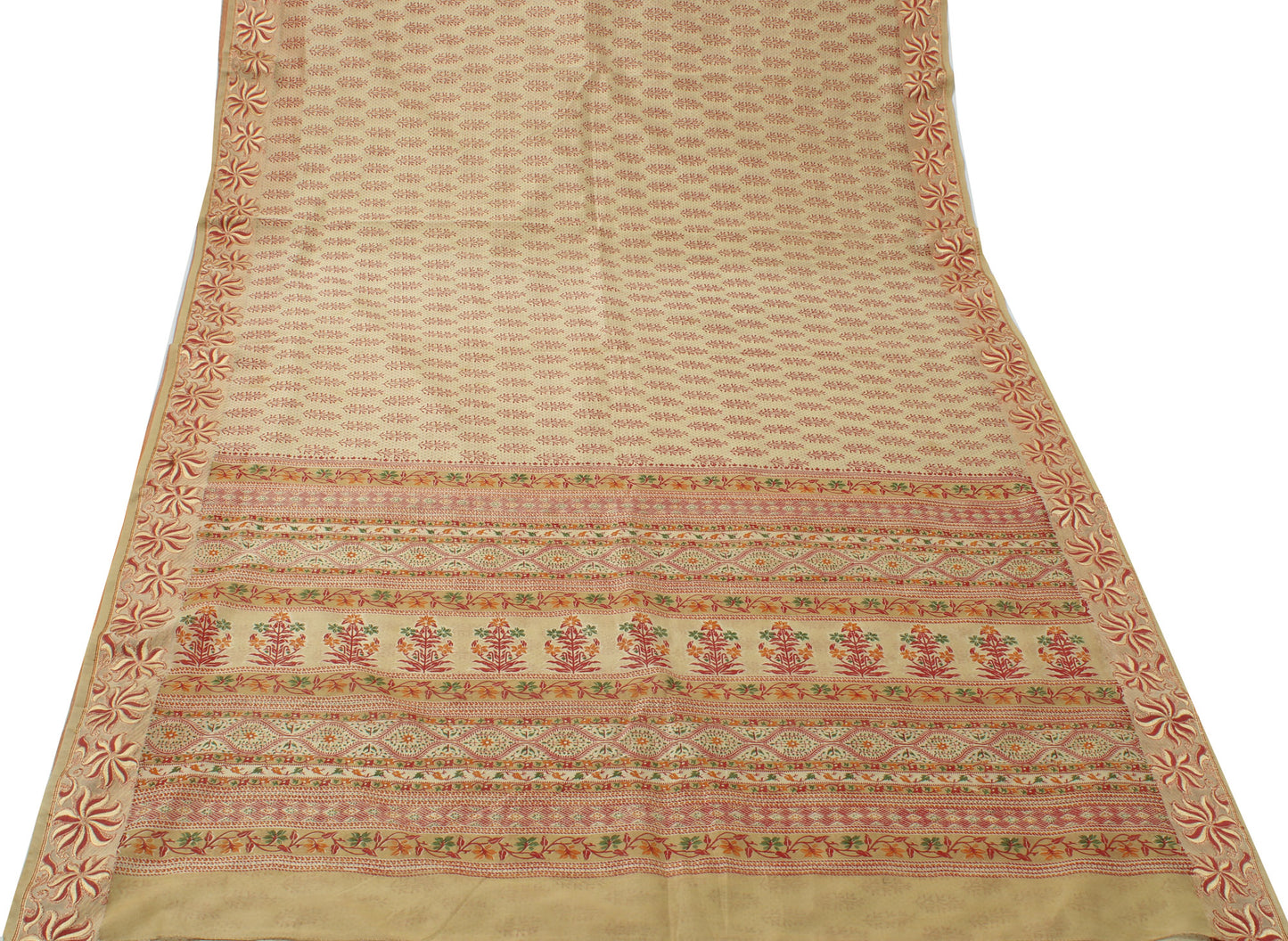 Sushila Vintage Cream Saree Blend Cotton Woven & Printed Floral Sari Fabric