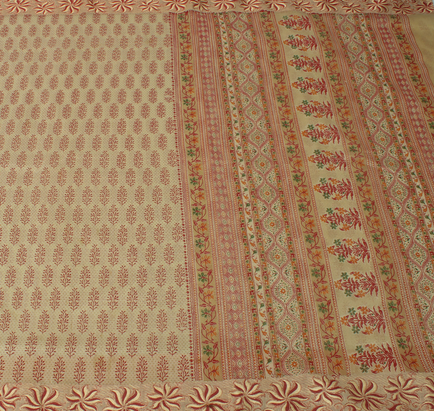 Sushila Vintage Cream Saree Blend Cotton Woven & Printed Floral Sari Fabric