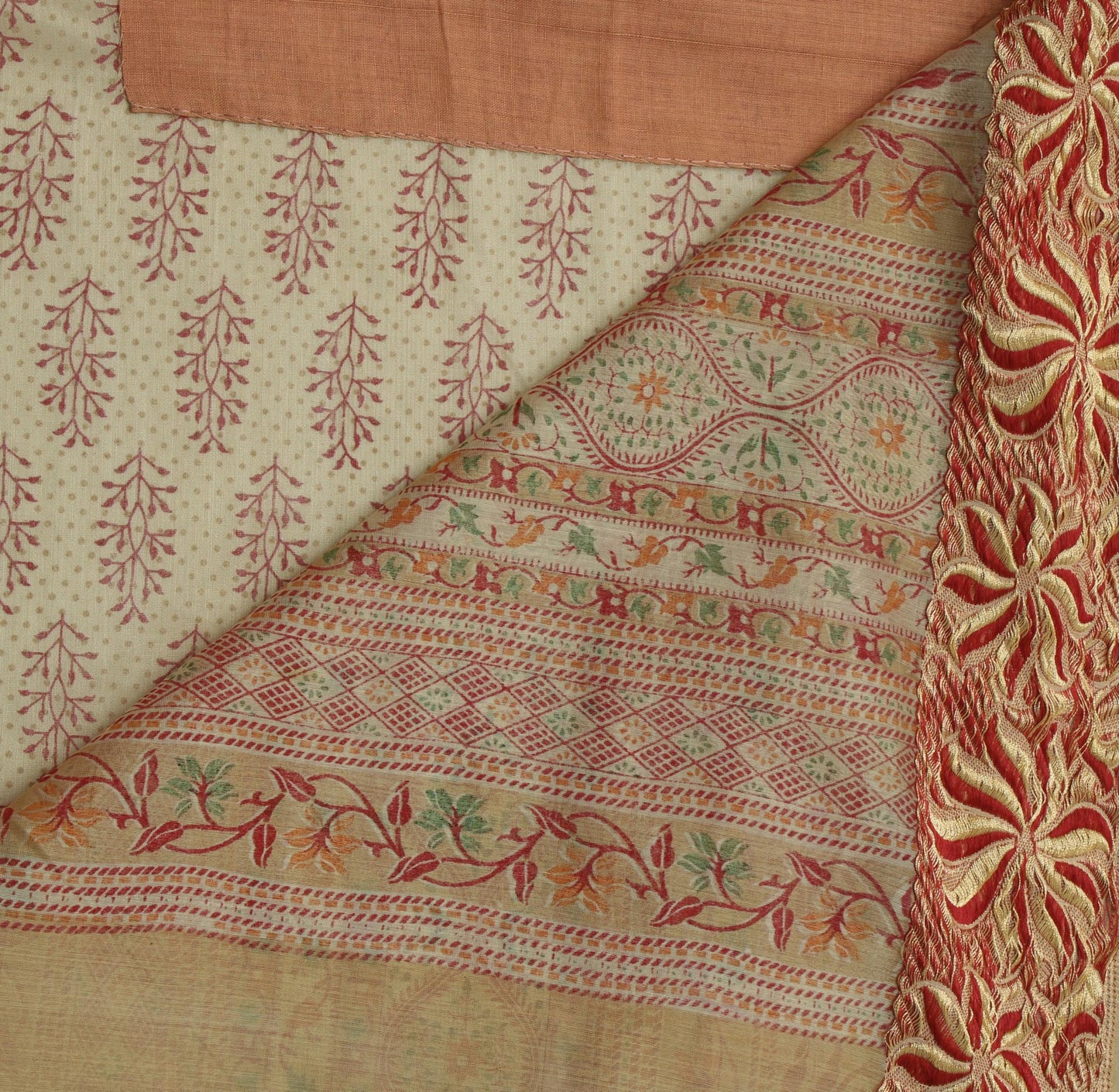 Sushila Vintage Cream Saree Blend Cotton Woven & Printed Floral Sari Fabric