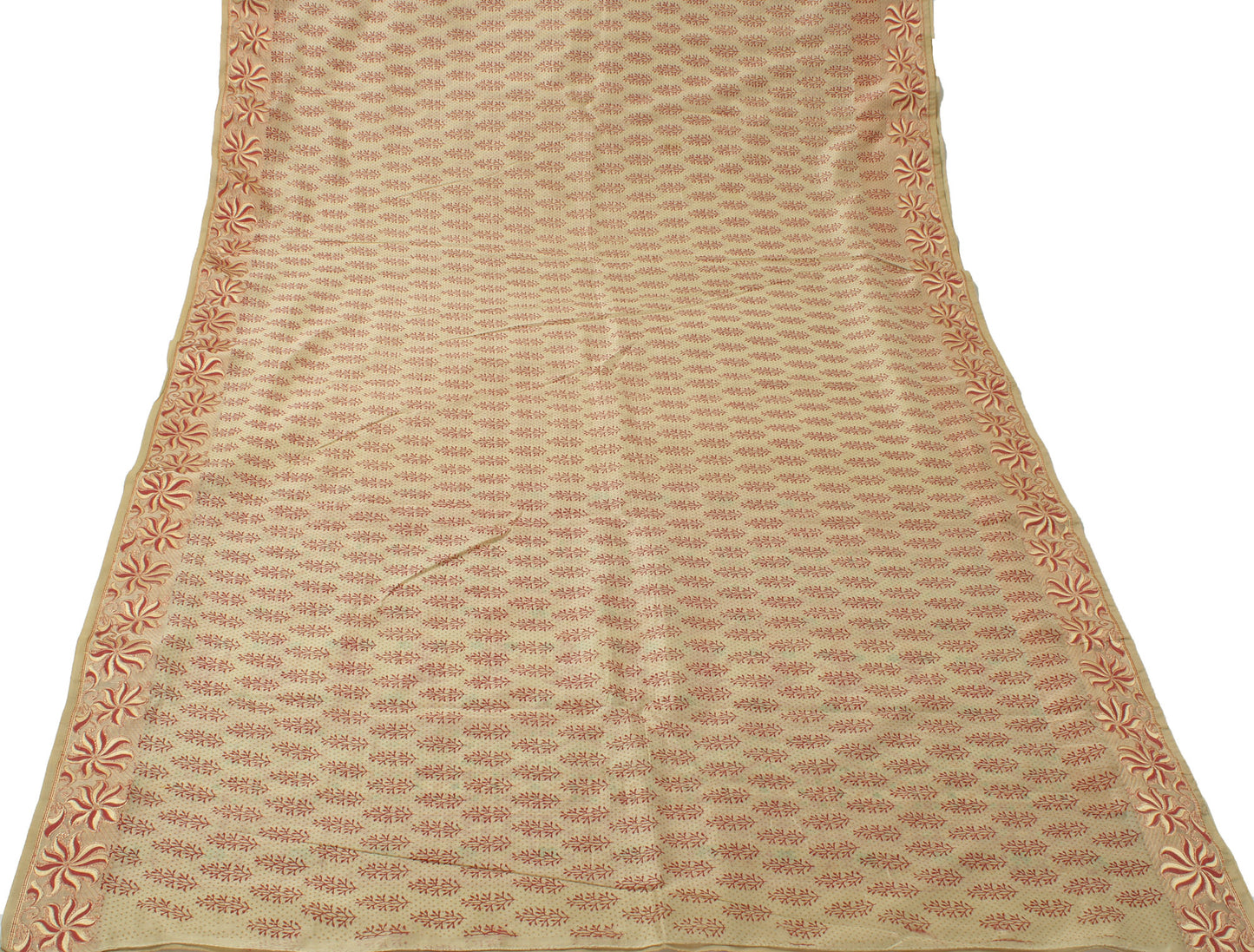 Sushila Vintage Cream Saree Blend Cotton Woven & Printed Floral Sari Fabric