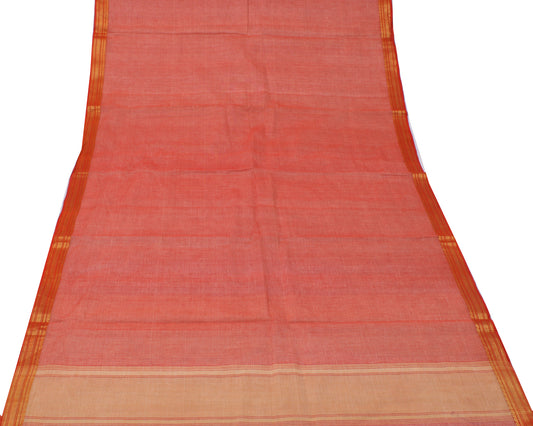 Sushila Vintage Peach Saree Pure Cotton Woven Border Indian Sari 5 Yard Fabric