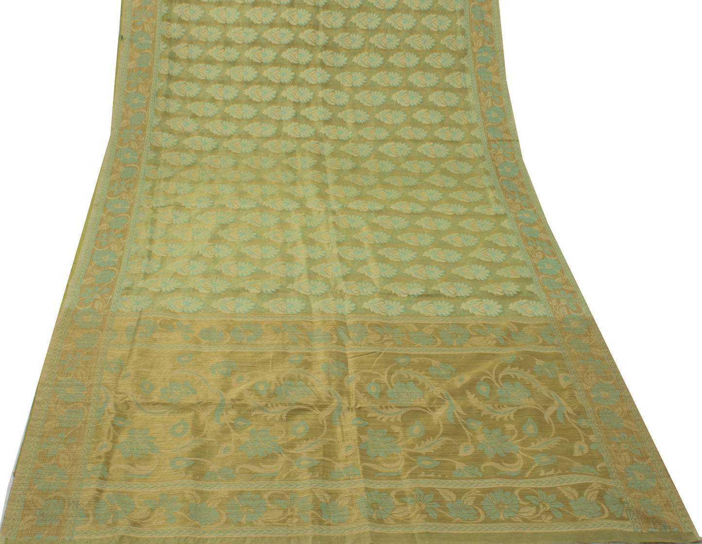 Sushila Vintage Green Saree 100% Pure Silk Woven Floral Sheer Sari 5 Yard Fabric