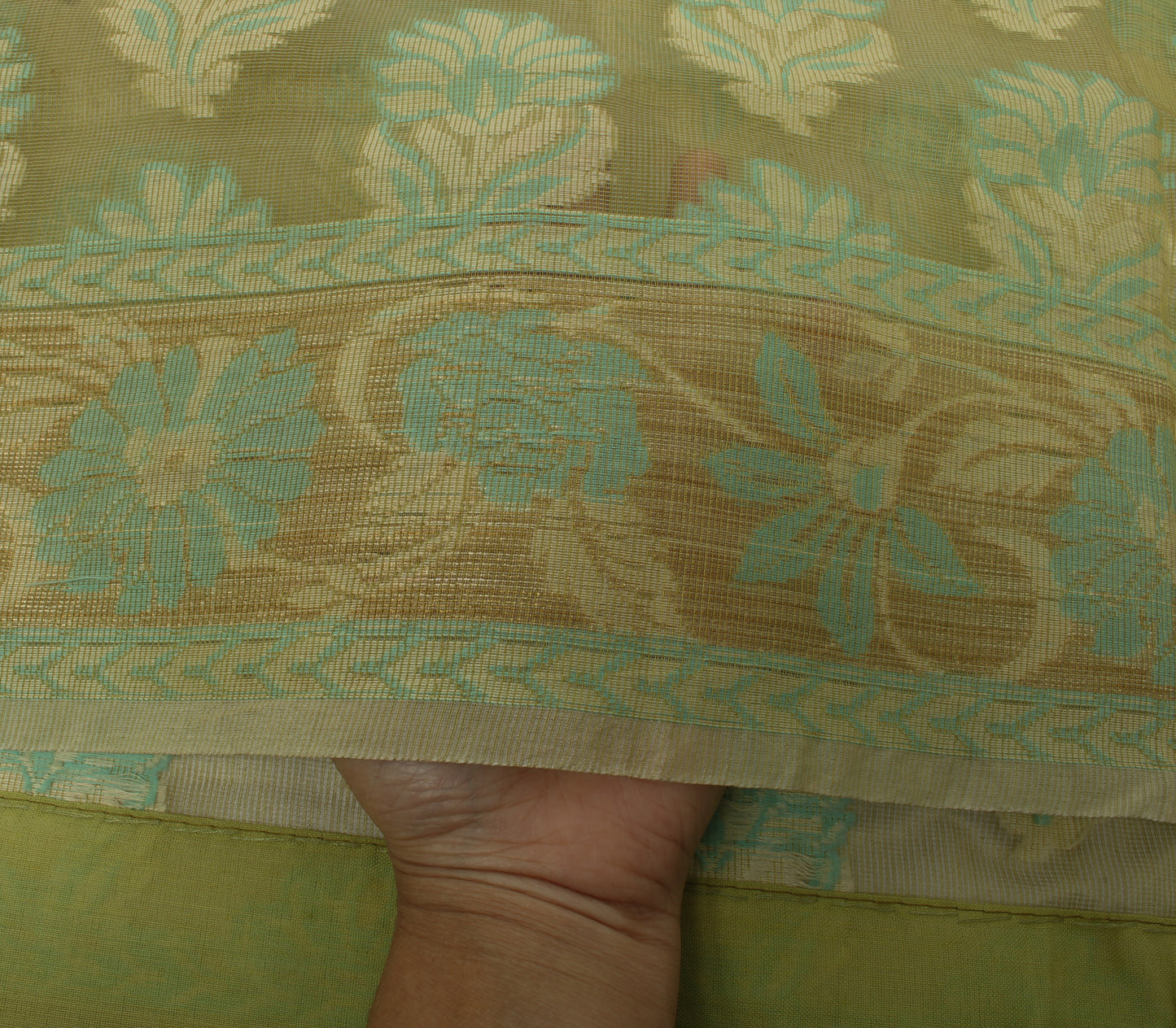 Sushila Vintage Green Saree 100% Pure Silk Woven Floral Sheer Sari 5 Yard Fabric