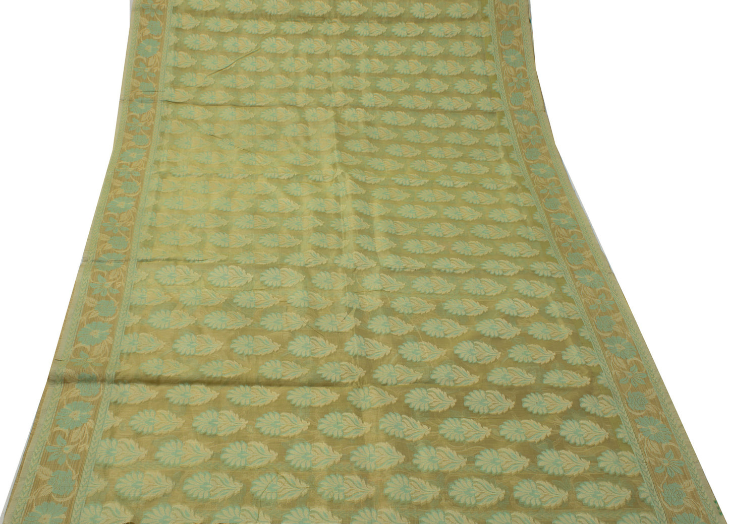 Sushila Vintage Green Saree 100% Pure Silk Woven Floral Sheer Sari 5 Yard Fabric