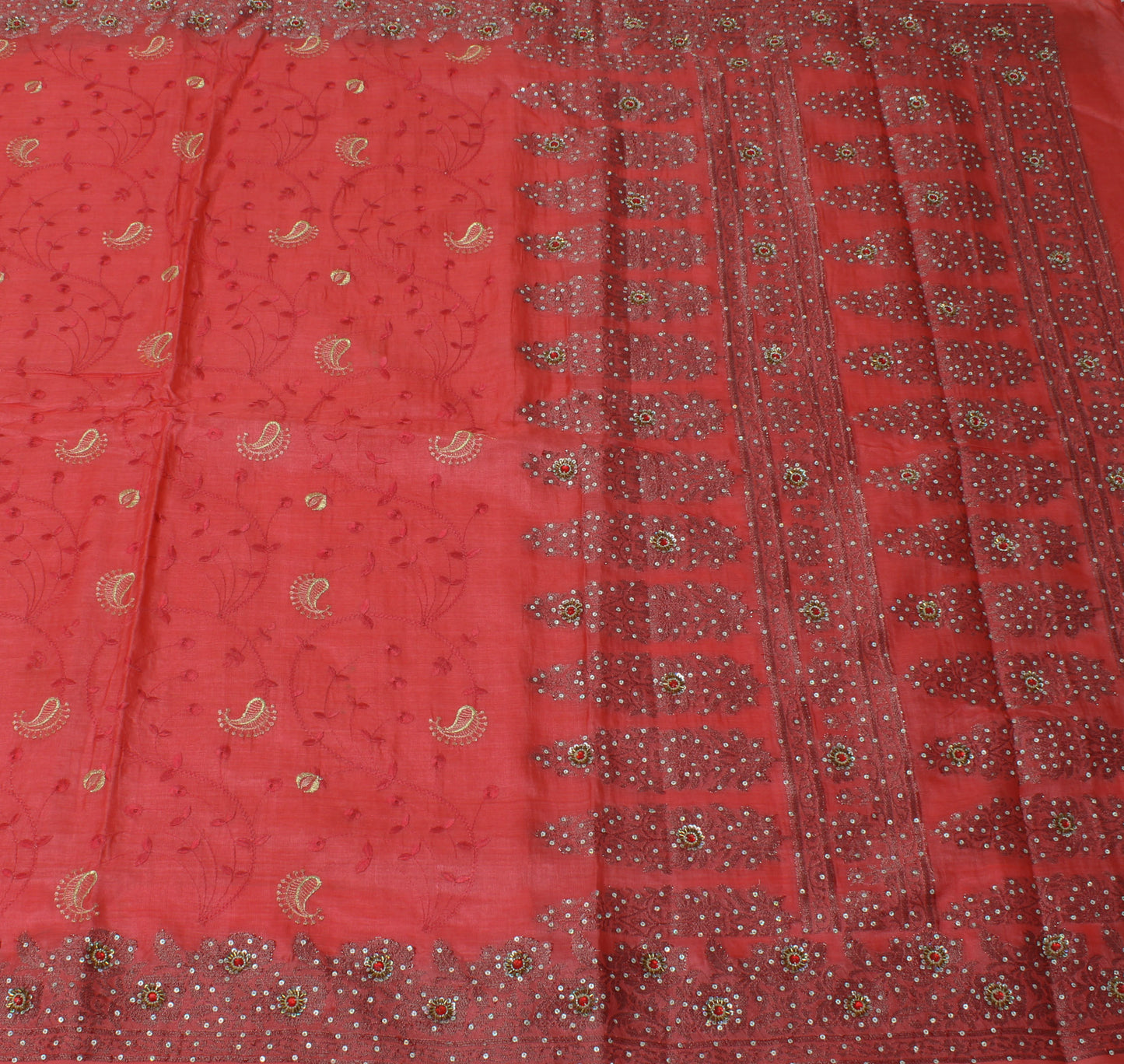 Sushila Vintage Peach Saree 100% Pure Silk Hand Beaded Floral Sari 5 Yard Fabric