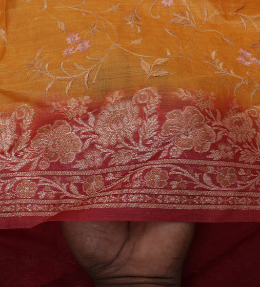 Sushila Vintage Mustard Saree Pure Silk Woven & Embroidered Floral Sari Fabric