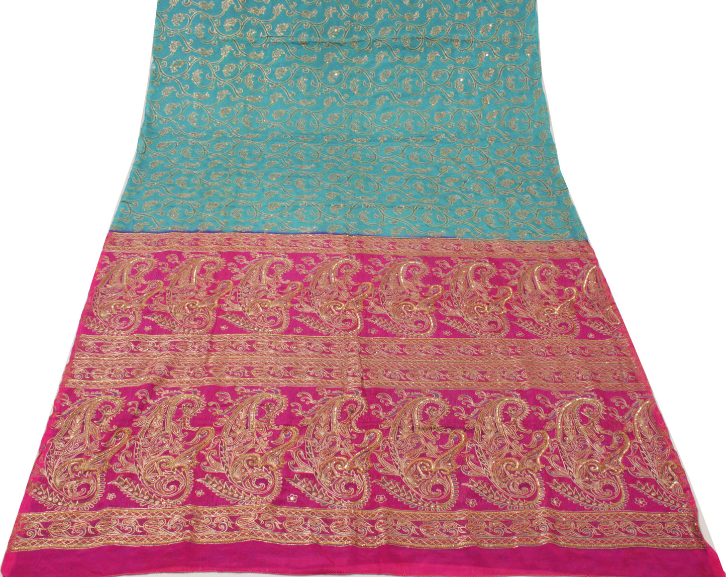 Sushila Vintage Blue Saree Pure Silk Printed & Embroidered Paisley Sari Fabric