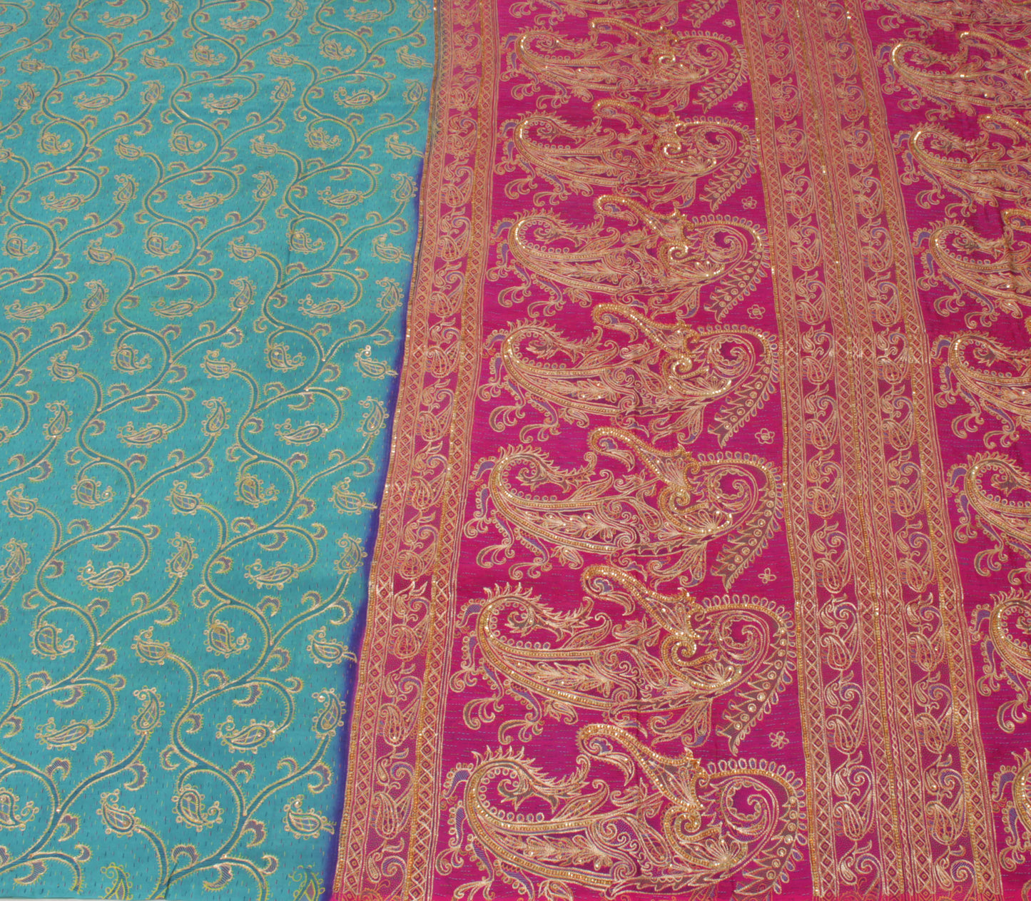 Sushila Vintage Blue Saree Pure Silk Printed & Embroidered Paisley Sari Fabric