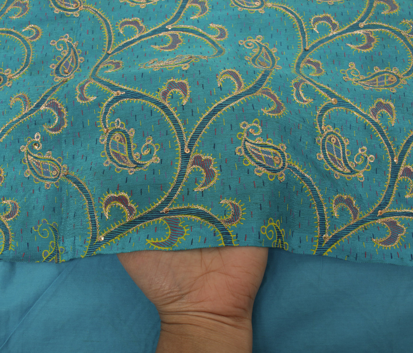 Sushila Vintage Blue Saree Pure Silk Printed & Embroidered Paisley Sari Fabric