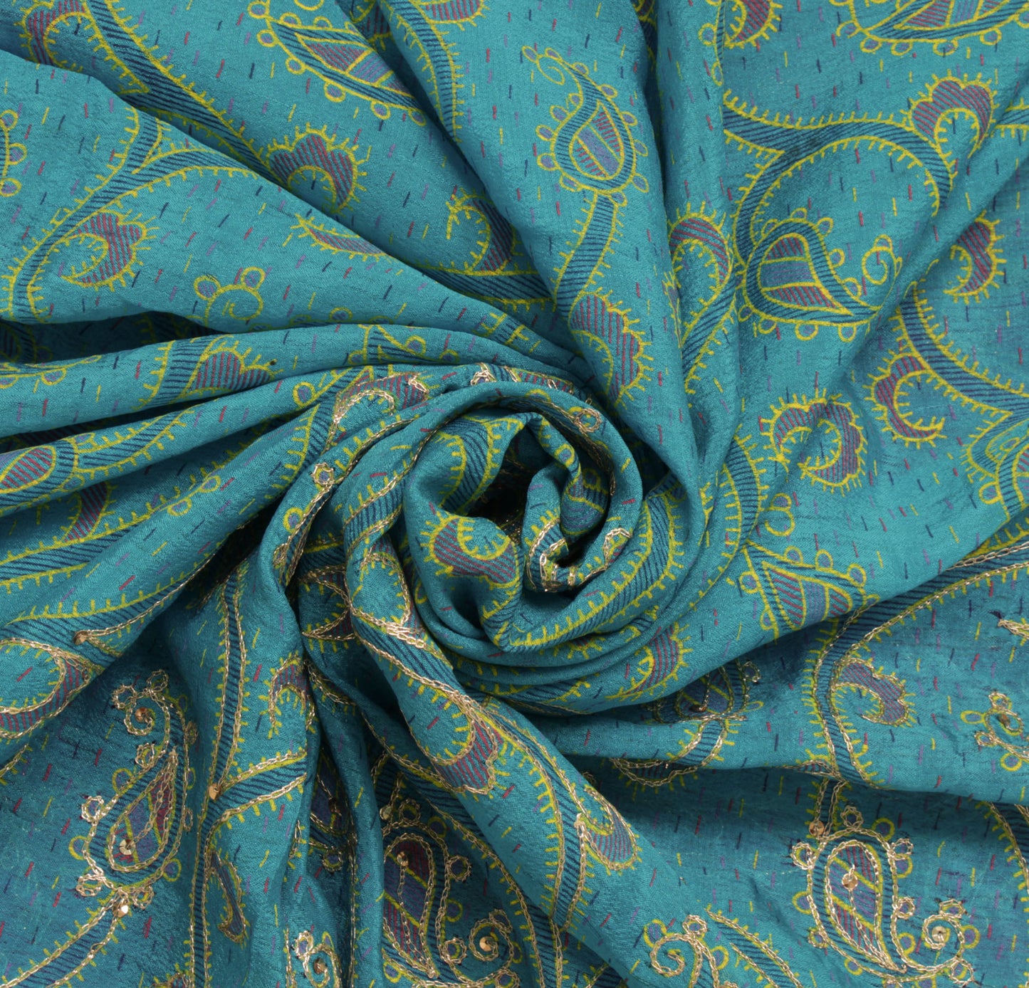 Sushila Vintage Blue Saree Pure Silk Printed & Embroidered Paisley Sari Fabric