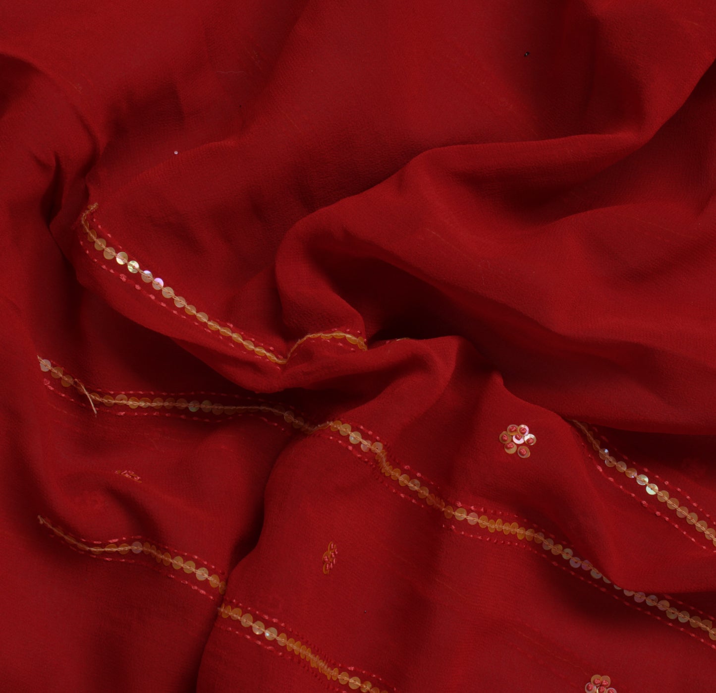 Sushila Vintage Red Sari Pure Georgette Silk Hand Embroidered Kantha Sari Fabric