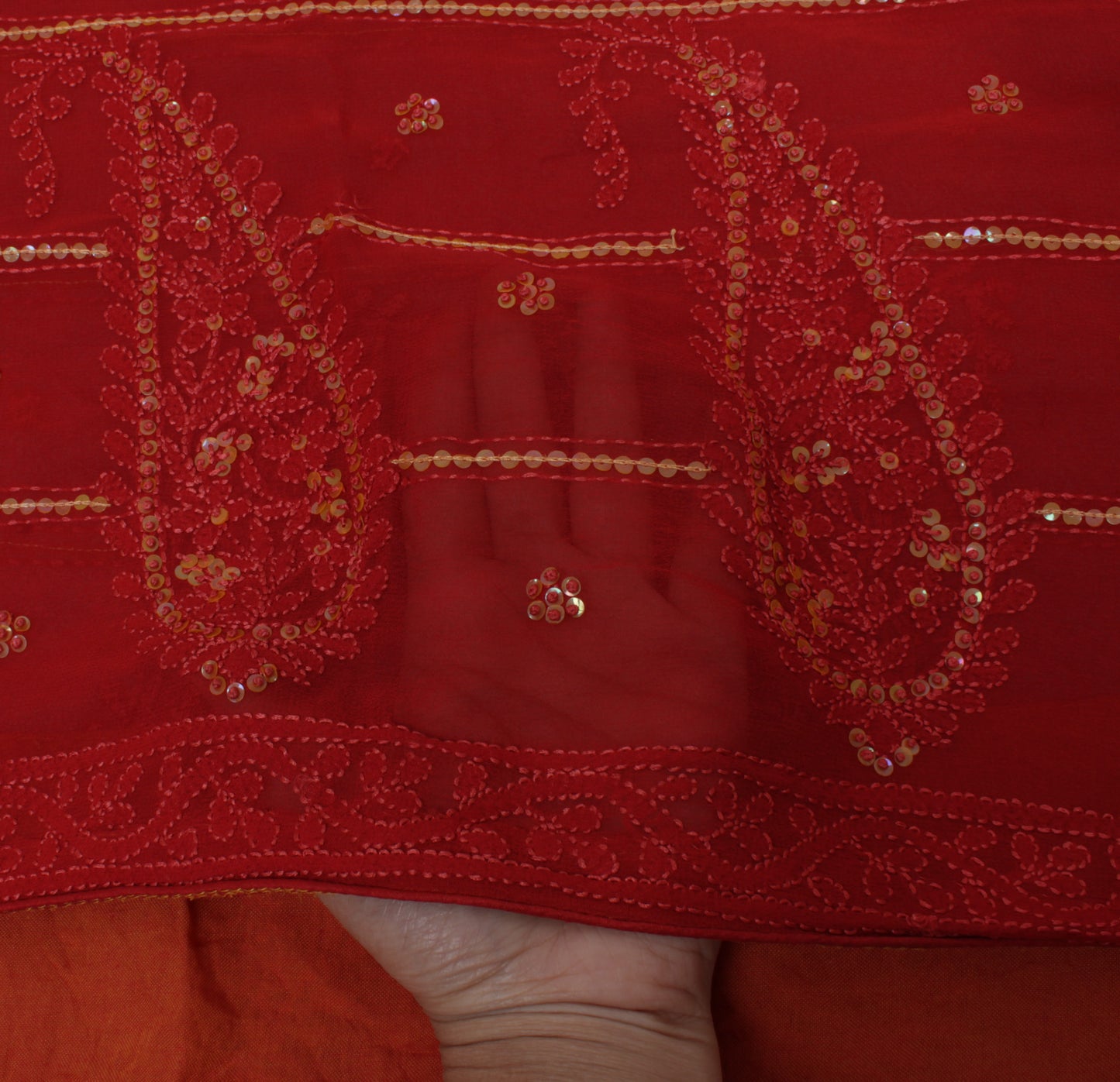 Sushila Vintage Red Sari Pure Georgette Silk Hand Embroidered Kantha Sari Fabric