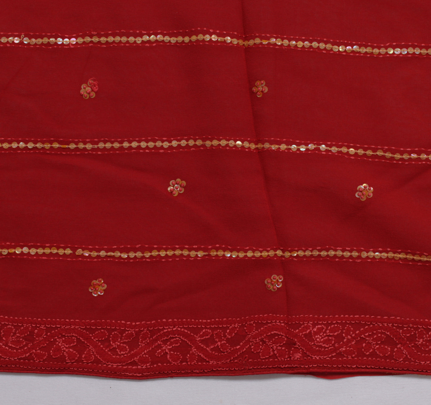 Sushila Vintage Red Sari Pure Georgette Silk Hand Embroidered Kantha Sari Fabric