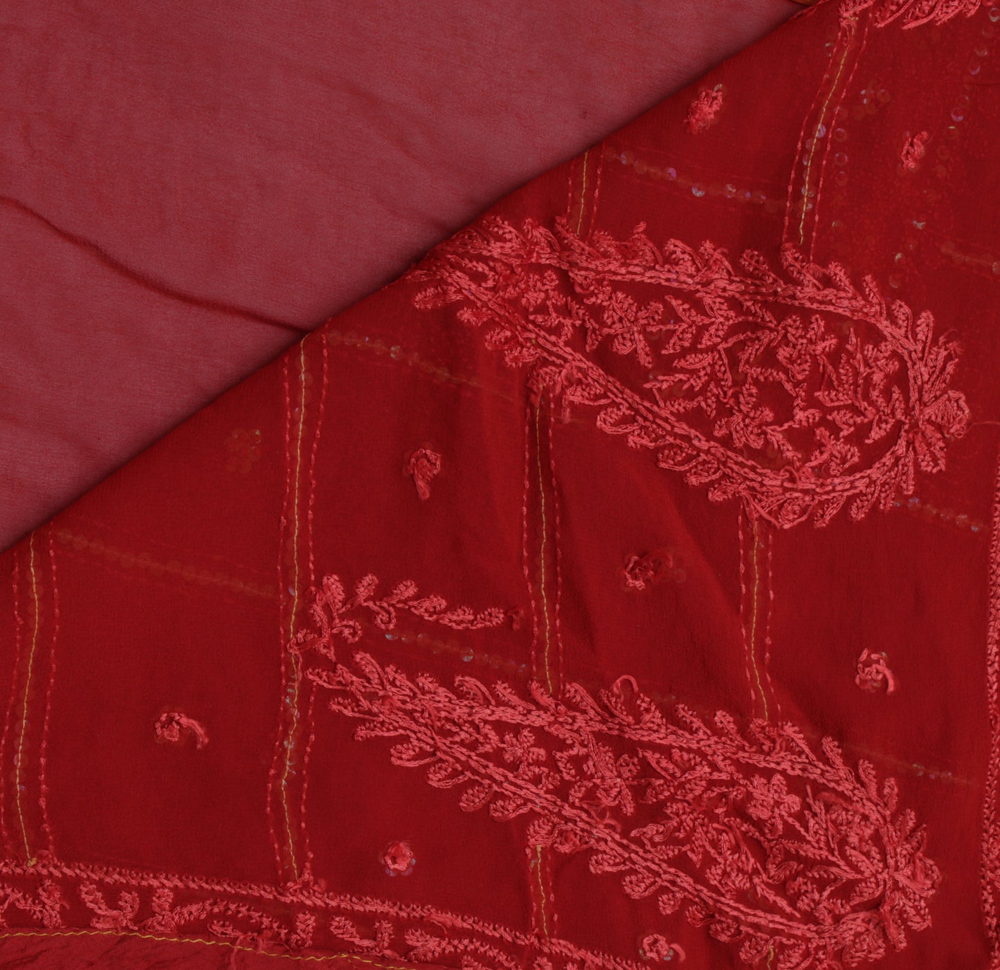 Sushila Vintage Red Sari Pure Georgette Silk Hand Embroidered Kantha Sari Fabric