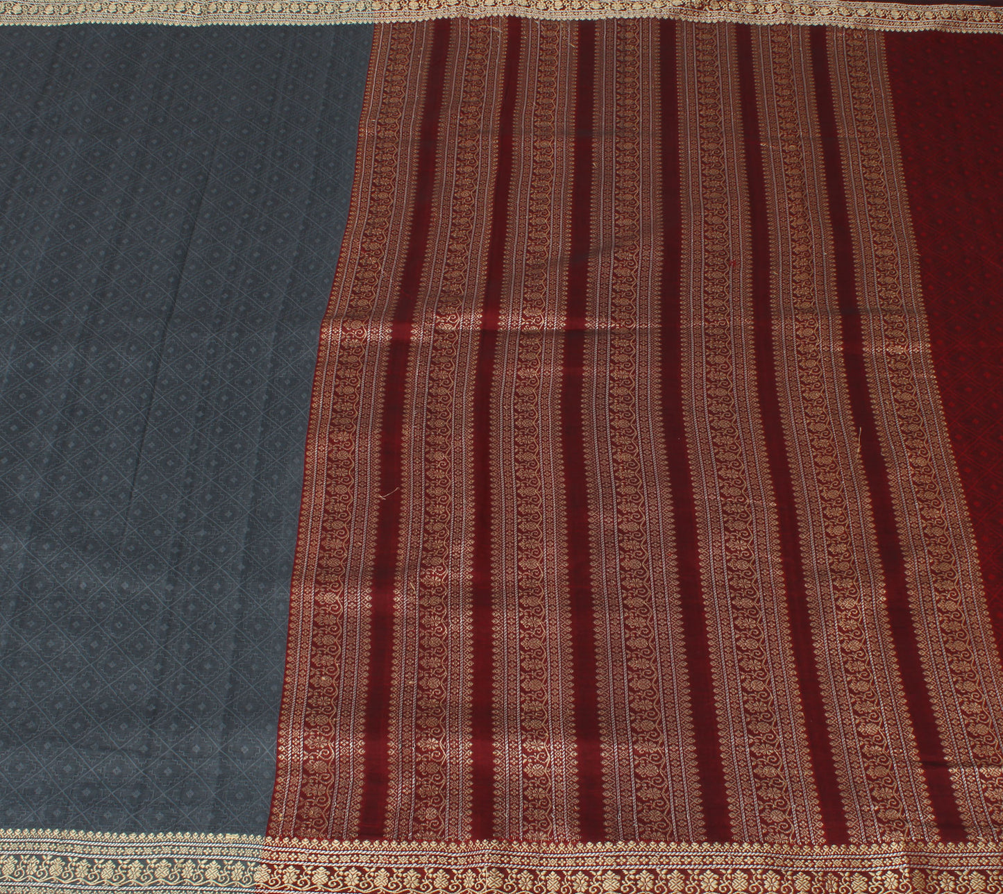 Sushila Vintage Gray Saree Pure Cotton Self Woven Floral Sari Craft Soft Fabric