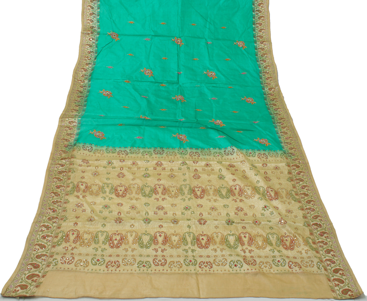 Sushila Vintage Green Sari 100% Pure Silk Woven & Embroidered Floral Sari Fabric