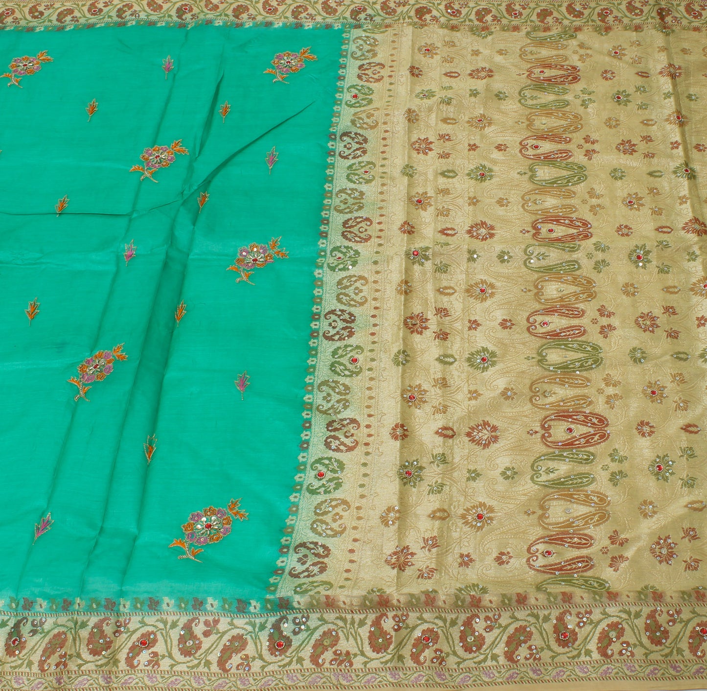 Sushila Vintage Green Sari 100% Pure Silk Woven & Embroidered Floral Sari Fabric