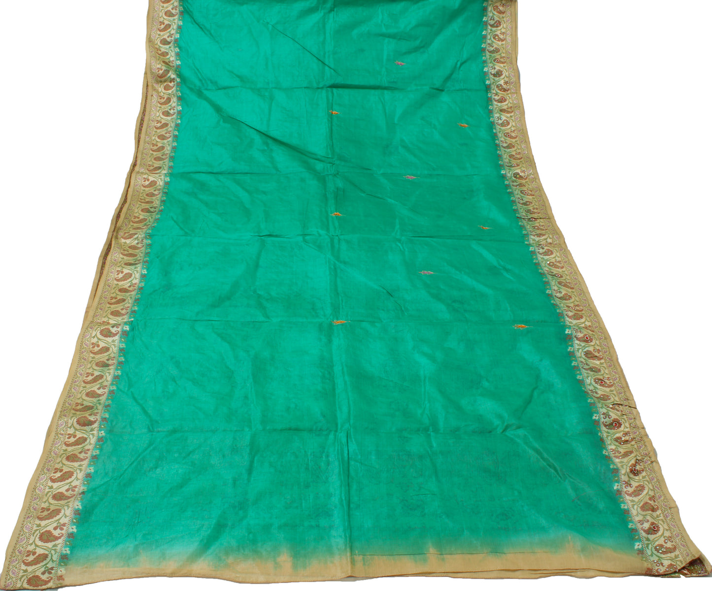 Sushila Vintage Green Sari 100% Pure Silk Woven & Embroidered Floral Sari Fabric