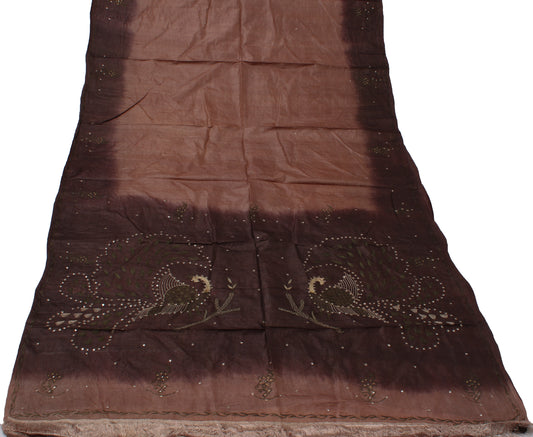 Sushila Vintage Brown Indian Saree Pure Silk Embroidered Floral Sari Fabric