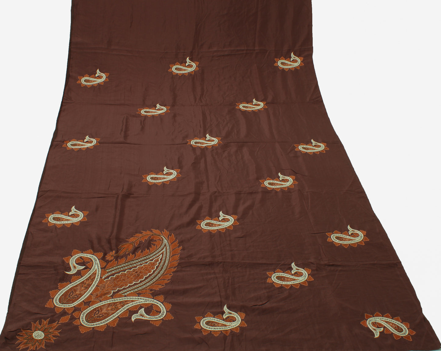 Sushila Vintage Brown Saree 100% Pure Silk Embroidered Paisley Sari Decor Fabric