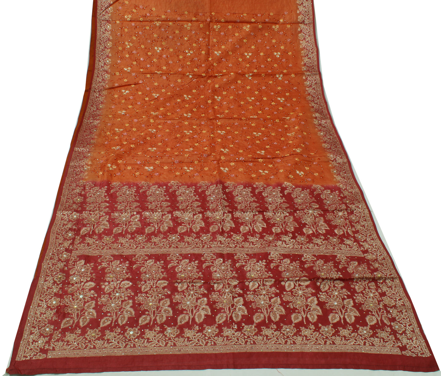 Sushila Vintage Rust Sari 100% Pure Silk Woven & Embroidered Floral Sari Fabric